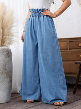 LUNE Jeans de pierna ancha para mujer con cintura de bolsa de papel simple y liso para uso diario