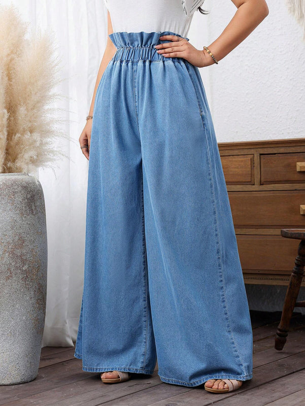 LUNE Jeans de pierna ancha para mujer con cintura de bolsa de papel simple y liso para uso diario