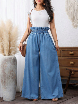 LUNE Jeans de pierna ancha para mujer con cintura de bolsa de papel simple y liso para uso diario