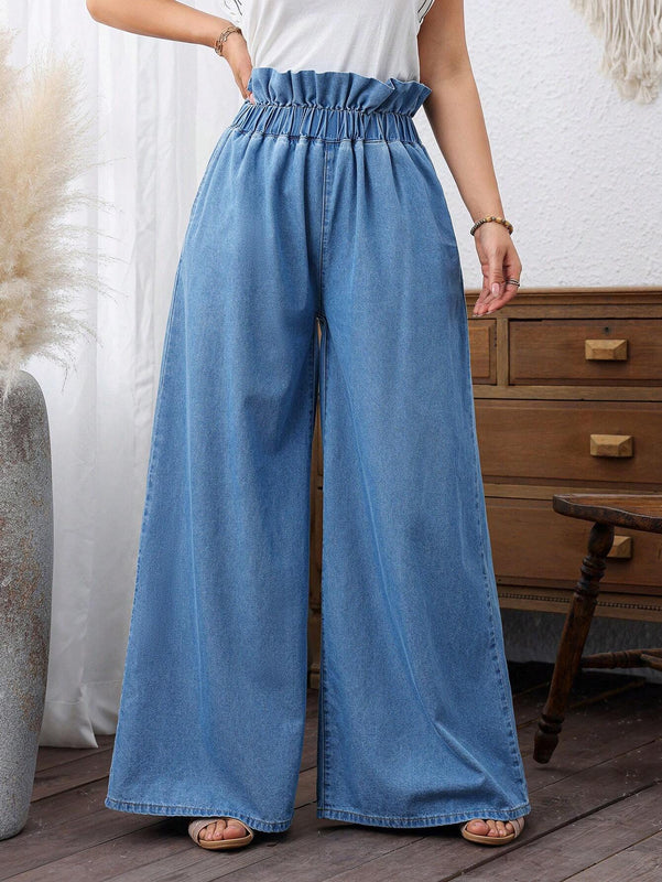 LUNE Jeans de pierna ancha para mujer con cintura de bolsa de papel simple y liso para uso diario
