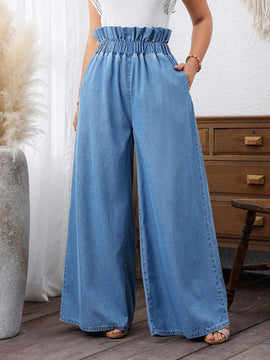 LUNE Jeans de pierna ancha para mujer con cintura de bolsa de papel simple y liso para uso diario