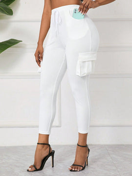 Lady Pantalones ajustados de moda de nueve puntos con bolsillo de solapa y cinturon