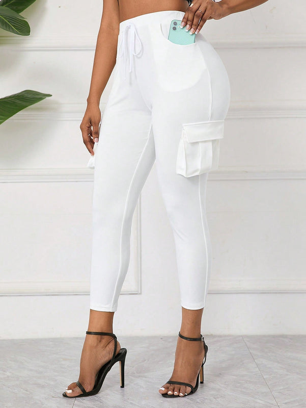 Lady Pantalones ajustados de moda de nueve puntos con bolsillo de solapa y cinturon