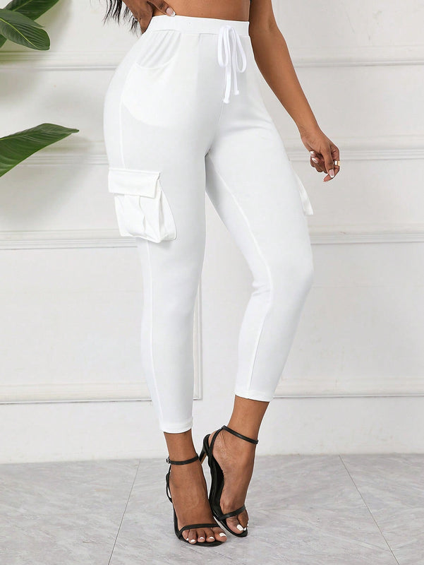 Lady Pantalones ajustados de moda de nueve puntos con bolsillo de solapa y cinturon