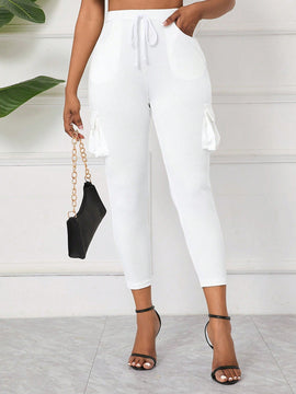 Lady Pantalones ajustados de moda de nueve puntos con bolsillo de solapa y cinturon