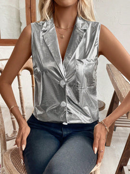 Essnce Camisa sin mangas de color solido con cuello de material metalico