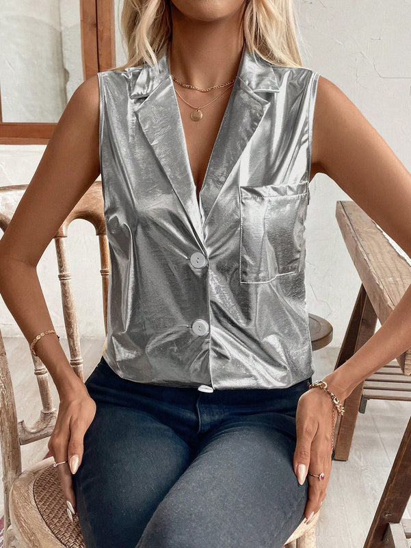 Essnce Camisa sin mangas de color solido con cuello de material metalico