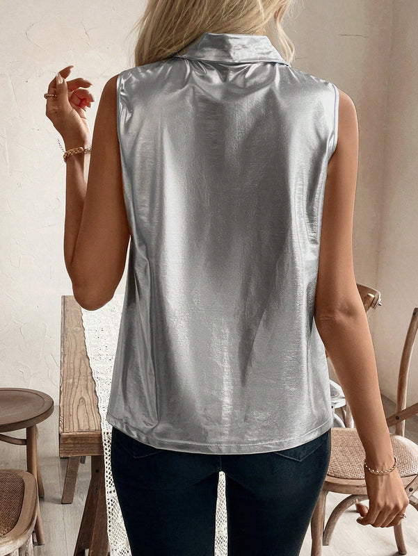 Essnce Camisa sin mangas de color solido con cuello de material metalico