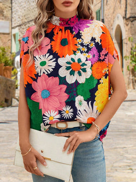 Clasi Blusa estampada de flores Dopamina con mangas murcielago y lazo trasero