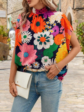 Clasi Blusa estampada de flores Dopamina con mangas murcielago y lazo trasero