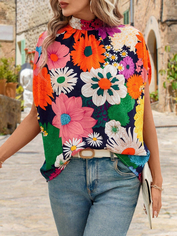Clasi Blusa estampada de flores Dopamina con mangas murcielago y lazo trasero