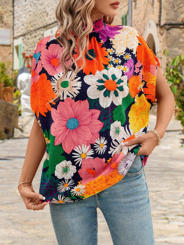 Clasi Blusa estampada de flores Dopamina con mangas murcielago y lazo trasero