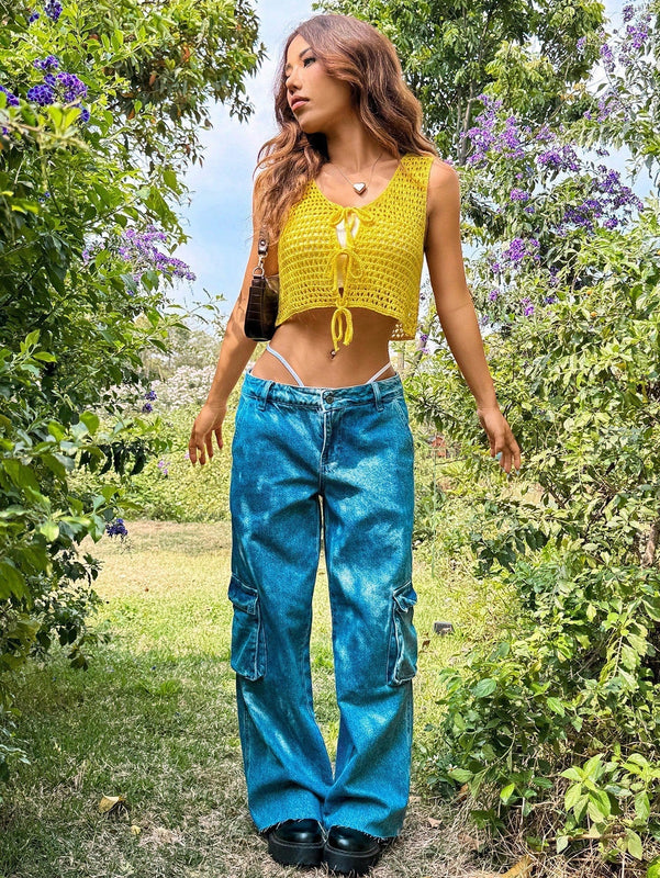 EZwear Chaleco de punto sin mangas con lazo y frente abierto para el verano