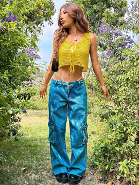 EZwear Chaleco de punto sin mangas con lazo y frente abierto para el verano