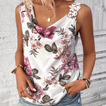 LUNE Camisa sin mangas de moda para mujer con cuello en V profundo, tirantes florales y corte irregular para ropa casual de playa