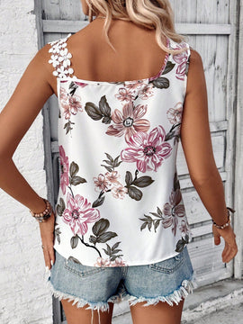 LUNE Camisa sin mangas de moda para mujer con cuello en V profundo, tirantes florales y corte irregular para ropa casual de playa