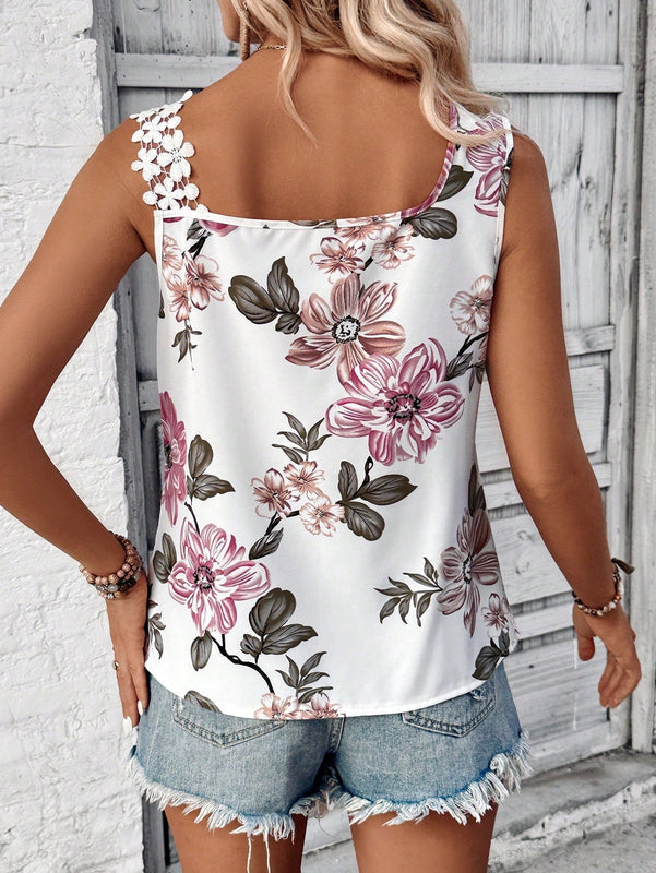 LUNE Camisa sin mangas de moda para mujer con cuello en V profundo, tirantes florales y corte irregular para ropa casual de playa
