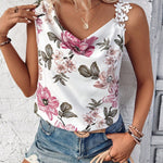 LUNE Camisa sin mangas de moda para mujer con cuello en V profundo, tirantes florales y corte irregular para ropa casual de playa