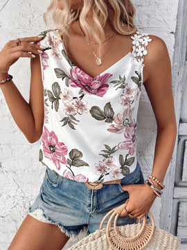 LUNE Camisa sin mangas de moda para mujer con cuello en V profundo, tirantes florales y corte irregular para ropa casual de playa