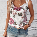 LUNE Camisa sin mangas de moda para mujer con cuello en V profundo, tirantes florales y corte irregular para ropa casual de playa