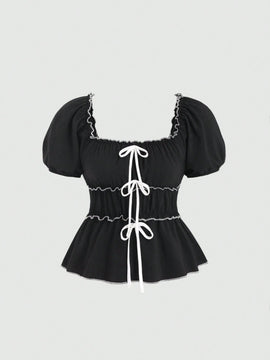 MOD Camisa de manga inflada con lazo frontal para damas, estilo de verano