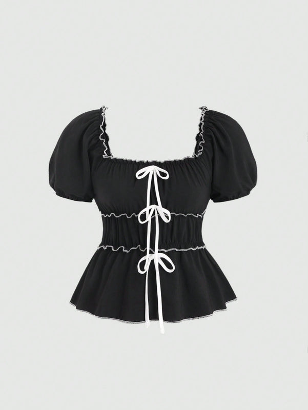 MOD Camisa de manga inflada con lazo frontal para damas, estilo de verano