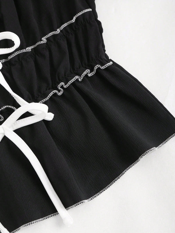 MOD Camisa de manga inflada con lazo frontal para damas, estilo de verano
