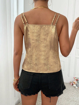 Prive Camisa casual de verano sin mangas con doble capa de cuello en V, tirantes y pliegues.