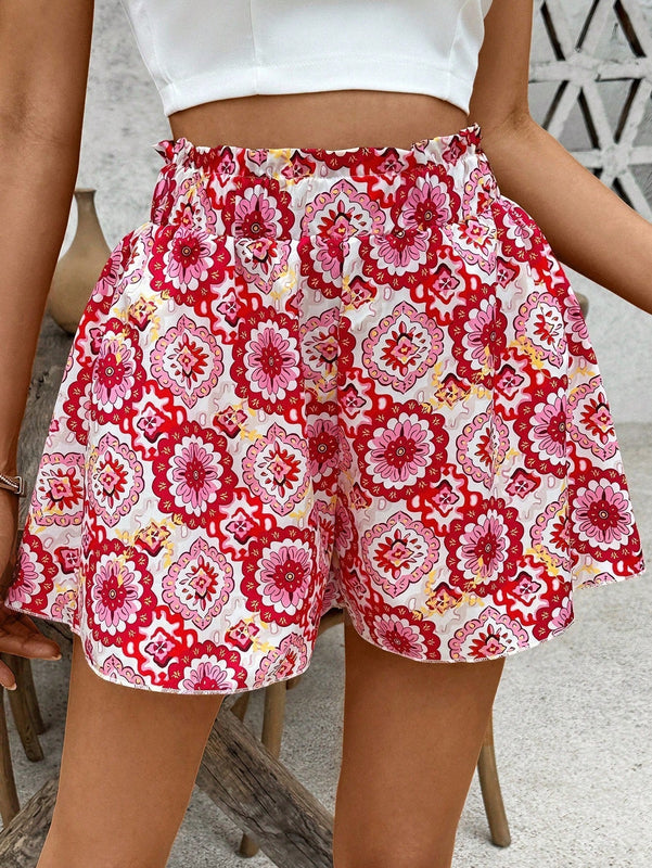 VCAY Shorts informales de estilo vacacional con estampado completo y cintura alta para Verano