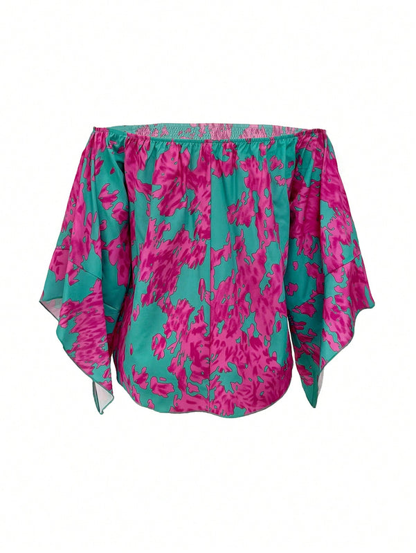 LUNE Blusa De Hombros Descubiertos Estampada Para Mujer, Adecuado Para Verano