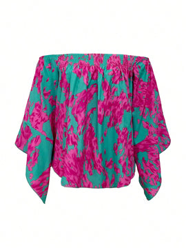 LUNE Blusa De Hombros Descubiertos Estampada Para Mujer, Adecuado Para Verano