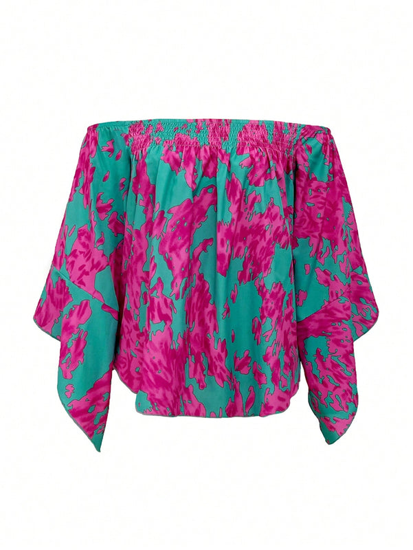 LUNE Blusa De Hombros Descubiertos Estampada Para Mujer, Adecuado Para Verano