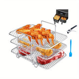 3/5pcs Bandeja de Deshidratación de Malla de Tres Capas para Freidora de Aire Accesorios para Freidora de Aire Bandeja de Secado Apilable con Cuenco de Ángulo Elevado y Soporte para Platos Cepillo de Aceite Bandeja de Drenaje Bandeja para Barbacoa