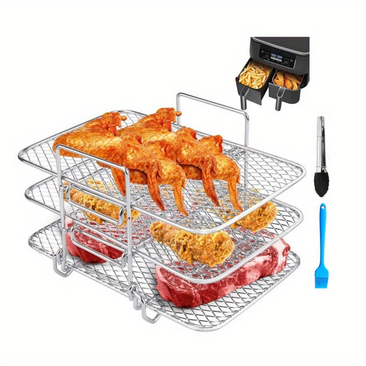 3/5pcs Bandeja de Deshidratación de Malla de Tres Capas para Freidora de Aire Accesorios para Freidora de Aire Bandeja de Secado Apilable con Cuenco de Ángulo Elevado y Soporte para Platos Cepillo de Aceite Bandeja de Drenaje Bandeja para Barbacoa