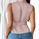 Prive Camisa envuelta para mujeres en tela de saten con cinturon en la cintura, solapa, sin mangas, elegante para el verano