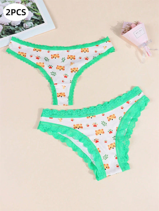 Paquete de 2 tangas y bragas con estampado integral para mujer, lindos patrones de tigres de dibujos animados para el Dia de San Valentin, comodos detalles de encaje de ropa interior intima, lenceria y ropa interior femenina