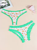 Paquete de 2 tangas y bragas con estampado integral para mujer, lindos patrones de tigres de dibujos animados para el Dia de San Valentin, comodos detalles de encaje de ropa interior intima, lenceria y ropa interior femenina