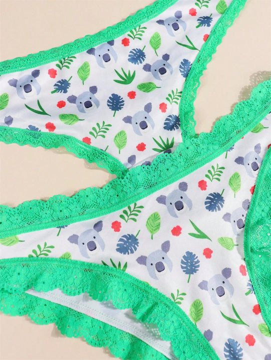 Paquete de 2 tangas y calzoncillos estampados para mujer Morvia, lindos koalas caricaturescos con ribetes de encaje comodos, ropa interior y lenceria para mujeres