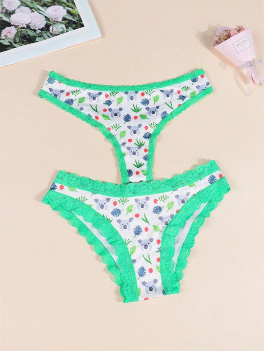 Paquete de 2 tangas y calzoncillos estampados para mujer Morvia, lindos koalas caricaturescos con ribetes de encaje comodos, ropa interior y lenceria para mujeres