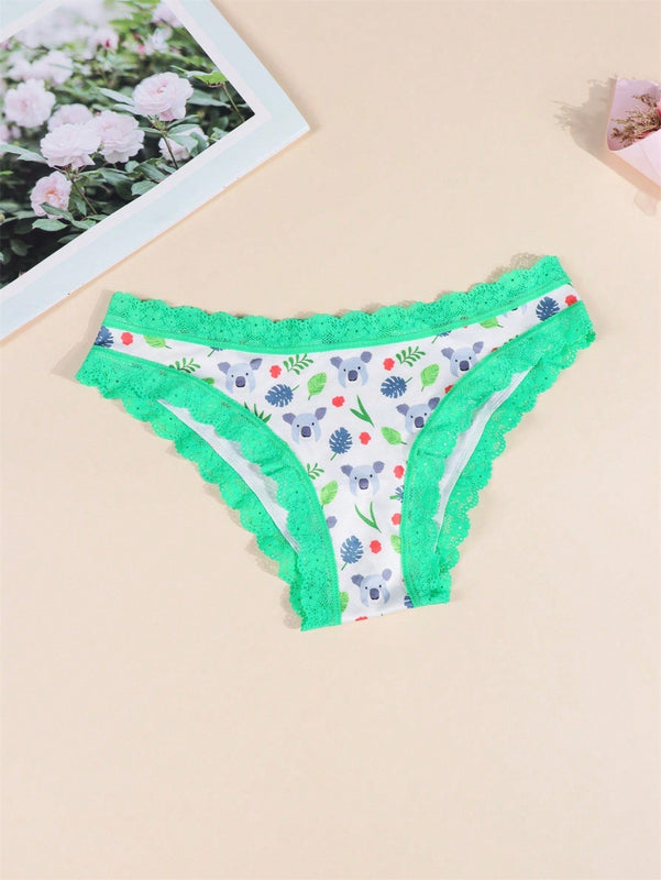 Paquete de 2 tangas y calzoncillos estampados para mujer Morvia, lindos koalas caricaturescos con ribetes de encaje comodos, ropa interior y lenceria para mujeres