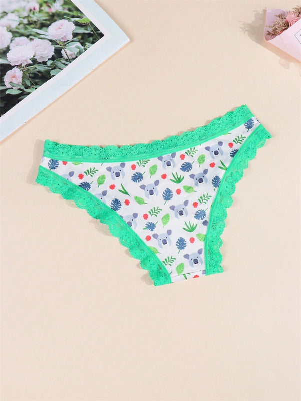 Paquete de 2 tangas y calzoncillos estampados para mujer Morvia, lindos koalas caricaturescos con ribetes de encaje comodos, ropa interior y lenceria para mujeres