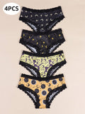 Morvia 4 piezas Romantico Contraste de Encaje Hipster Panties, esparcido de estrellas y lunas y espacio y cielo estrellado e impresion de constelaciones Boho Estilo Ilusion Intimos Panties de brief para mujeres, ropa interior y lenceria