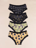 Morvia 4 piezas Romantico Contraste de Encaje Hipster Panties, esparcido de estrellas y lunas y espacio y cielo estrellado e impresion de constelaciones Boho Estilo Ilusion Intimos Panties de brief para mujeres, ropa interior y lenceria