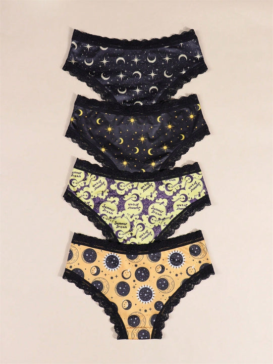 Morvia 4 piezas Romantico Contraste de Encaje Hipster Panties, esparcido de estrellas y lunas y espacio y cielo estrellado e impresion de constelaciones Boho Estilo Ilusion Intimos Panties de brief para mujeres, ropa interior y lenceria