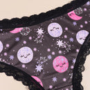 Morvia 4 piezas de calzones tipo hipster romanticos de encaje de contraste, bragas intimas tipo brief de la ropa interior y lenceria de mujer con estampado de estrellas, luna, planetas, cielo nocturno y constelaciones allover estilo bohemio