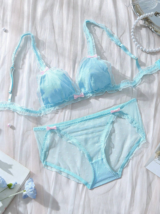 Conjunto de ropa interior de malla transparente para mujer con detalles decorativos de lazo