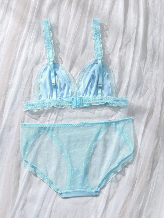 Conjunto de ropa interior de malla transparente para mujer con detalles decorativos de lazo