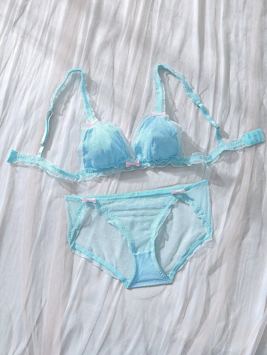 Conjunto de ropa interior de malla transparente para mujer con detalles decorativos de lazo
