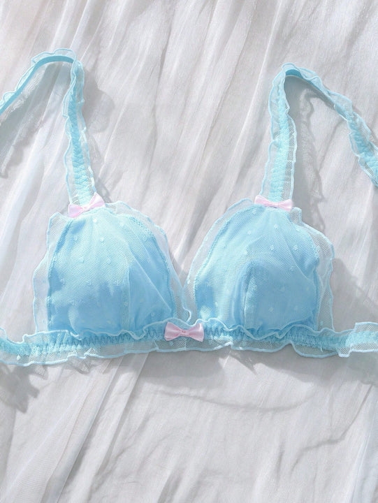 Conjunto de ropa interior de malla transparente para mujer con detalles decorativos de lazo