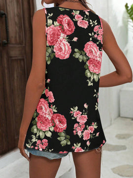 Camisa floja sin mangas con estampado de flores, cuello en V, estilo de vacaciones de verano para mujeres